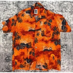 Vtg Ocean Current Hawaiian Shirt M Orange Rayon Palm Tree Tiki Hut Spear fishing